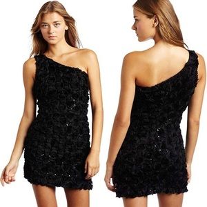 ABS Allen Schwartz Rose Bud One Shoulder Appliqué Dress Black, 6